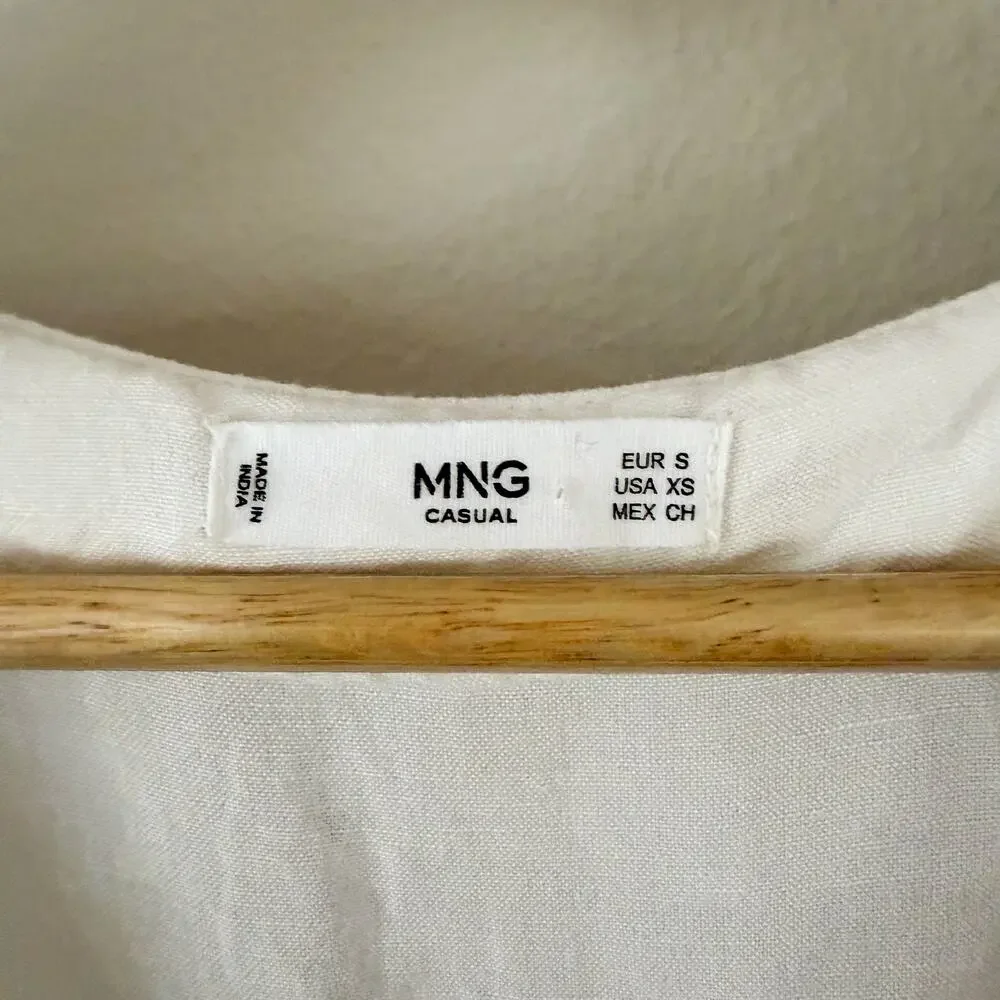 Mango MNG White Linen Blend Button Front Tie Waist Romper Pockets XS